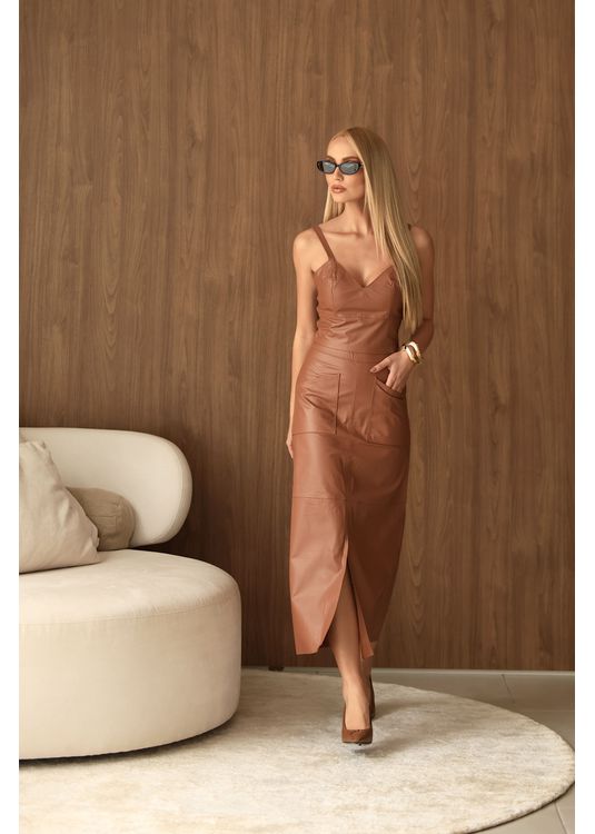 Saia Mídi De Couro Caramelo Michele - Elite Couro Store