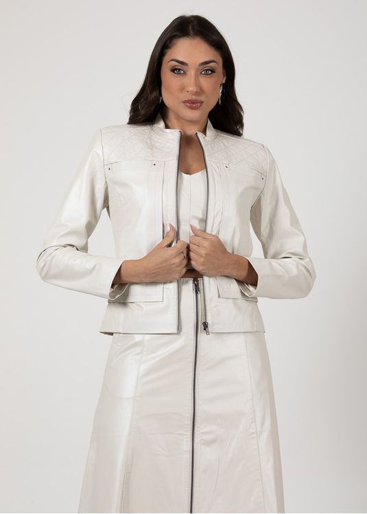 Jaqueta de Couro Branco Pérola Yara - Elite Couro Store