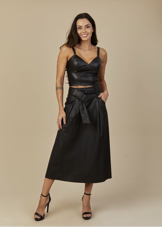Saia Mídi de Couro Preto Mariana - Elite Couro Store