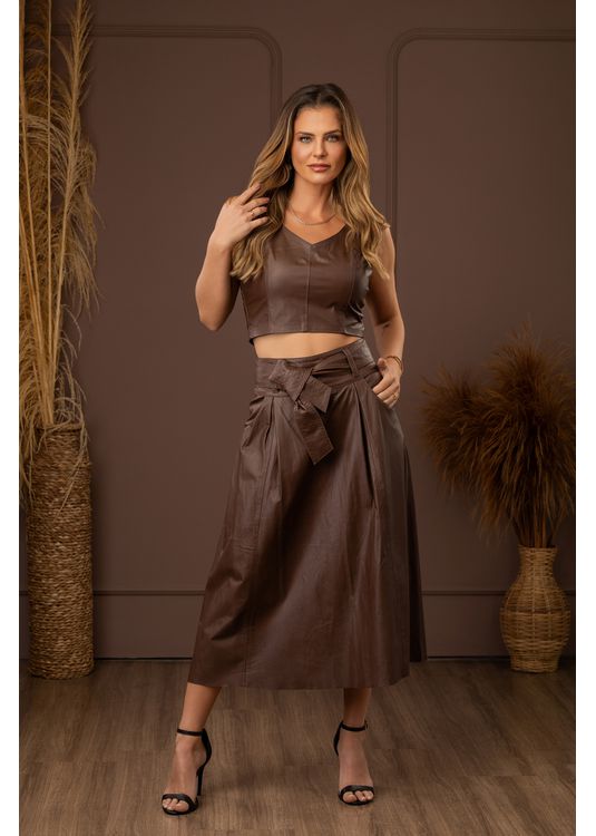 Saia Mídi de Couro Vintage Café Mar... - Elite Couro Store