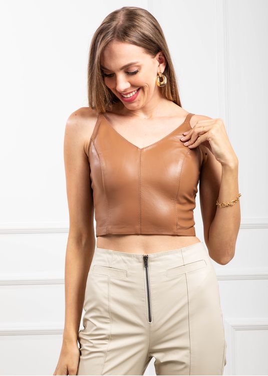 Cropped Couro Pelica Feminino Camel Dayane - Elite Couro Store