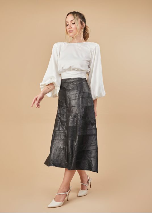 Saia De Couro Pelica Patchwork Feminina Verniz Pre... - Elite Couro Store