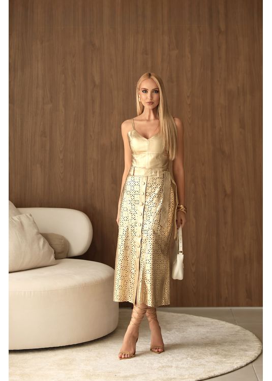 Saia De Couro Pelica Vazada Champanhe Sabrina - Elite Couro Store