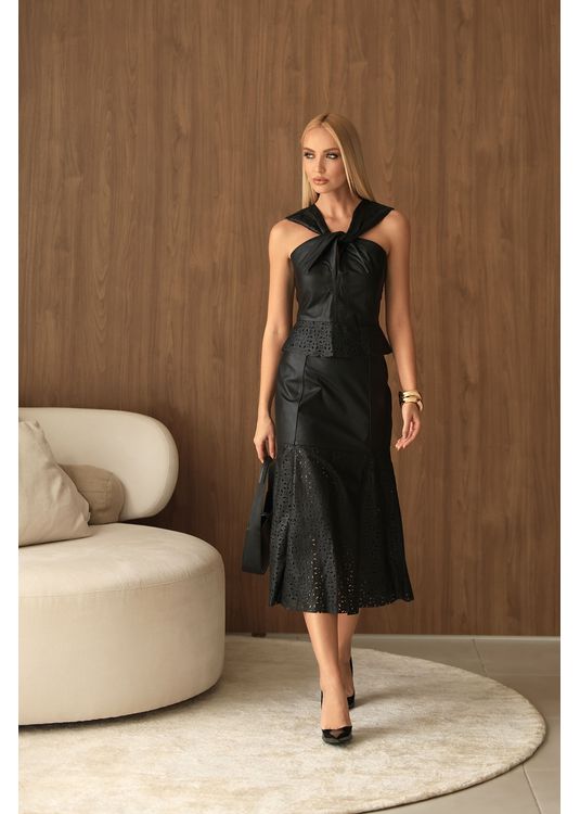 Saia Mídi de Couro Vazado Preta Antonella - Elite Couro Store