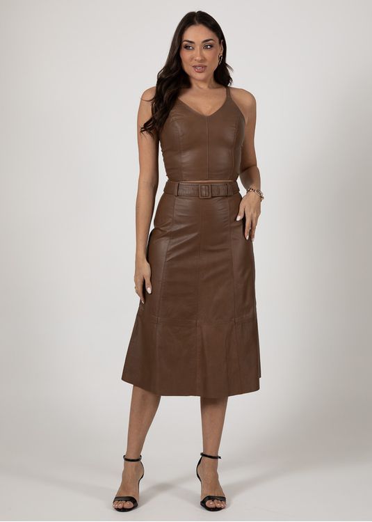Saia Midi de Couro Vintage Caramelo Carla - Elite Couro Store
