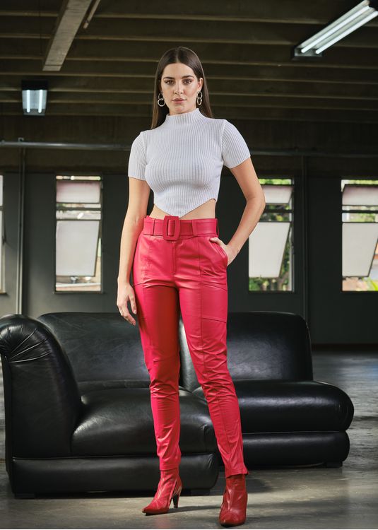 Calça de Couro Feminina Vermelho Bruna + Brinde 