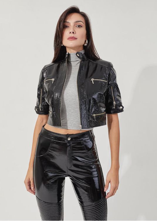 Casaqueto de Couro Feminino Preto Verniz Ágata - Elite Couro Store