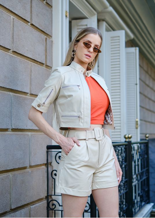 Casaqueto De Couro Feminino Off-White - Elite Couro Store