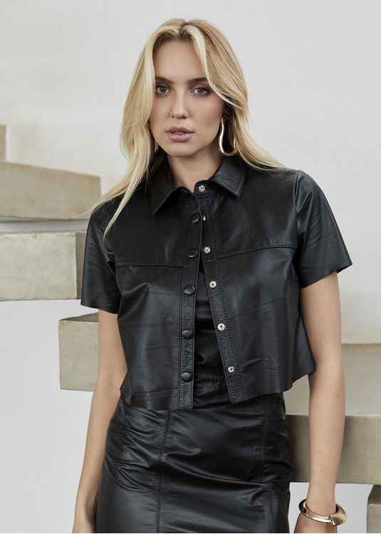 Camisa Cropped de Couro Feminino Preto Lara - Elite Couro Store
