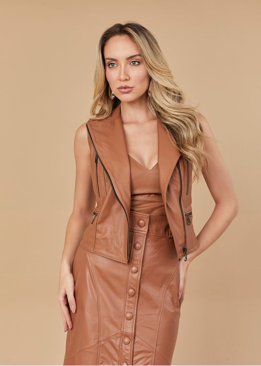 Colete De Couro Feminino Caramelo Anne - Elite Couro Store