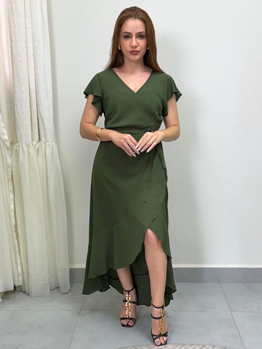 Vestido Envelope Liso Verde Miltar