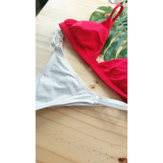 Biquini Fio Dental Calcinha Branca Top Fixo Vermelho 551