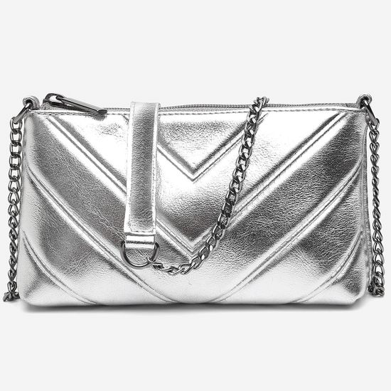 Bolsa Clutch Feminina Isis em Couro Legitimo Prata Metalizado Alça Corrente