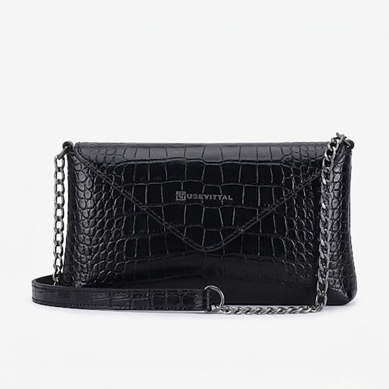 Bolsa Vittal Eloá em Couro Legítimo Croco Preta