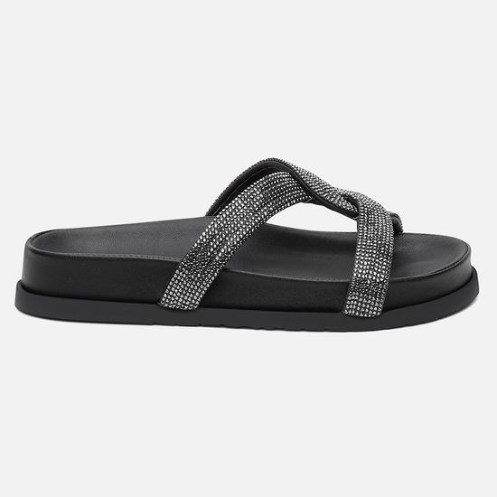 Sandália Papete Vittal Helena Preta com Tiras Cruzadas de Strass Solado Confort