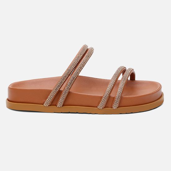 Sandália Papete Vittal Caramelo com Tira de Strass Dourada Solado Confort