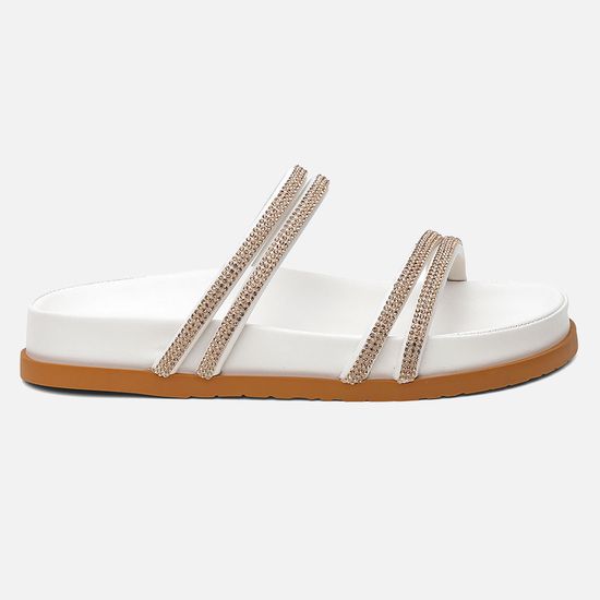 Sandália Papete Vittal OffWhite com Tira de Strass Dourada Solado Confort