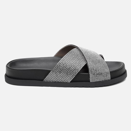 Sandália Papete Vittal Carol Preta com Manta de Strass Solado Confort