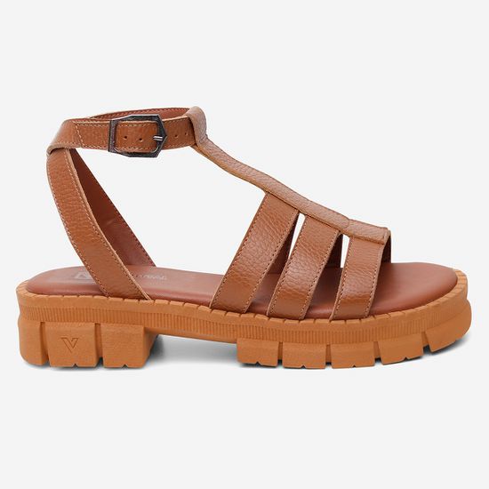 Sandália Feminina Vittal Couro Legítimo Caramelo Chloe Tratorada Confortável