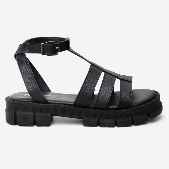 Sandália Feminina Vittal Couro Legítimo Preto Chloe Tratorada Confortável