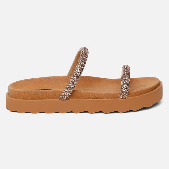 Papete Flat Feminina Marie Caramelo Com Strass Brilho Vittal 