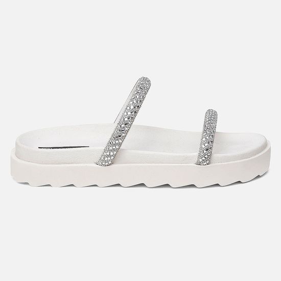 Papete Flat Feminina Marie OffWhite Com Strass Brilho Vittal 