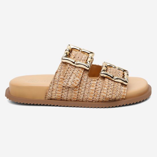 Sandália Papete Feminina Vittal Clara Trama de Palha Creme Fivela Ajustável