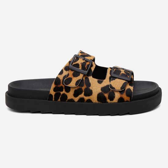 Sandália Papete Vittal Natalie Em Couro Legitimo Preto e Leopardo