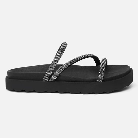 Papete Flat Feminina Amelie Preto Com Strass Brilho Vittal 