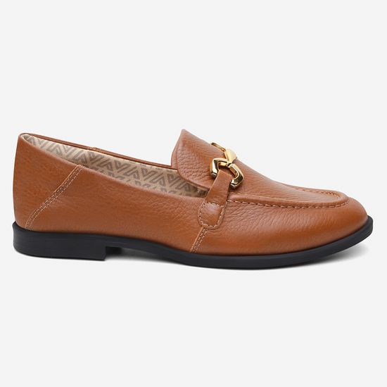 Mocassim Feminino Vittal Mara em Couro Legítimo Caramelo com Fivela Dourada