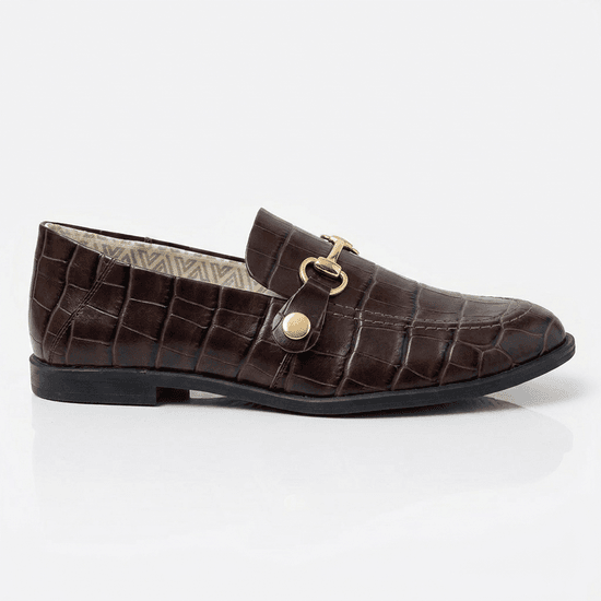 Mocassim Feminino Vittal Mara em Couro Legítimo Croco Café com 2 Fivelas Removíveis