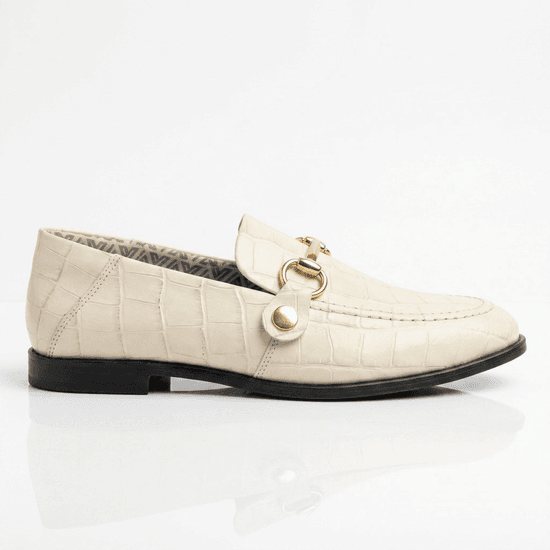 Mocassim Feminino Vittal Mara em Couro Legítimo Croco OffWhite com 2 Fivelas Removíveis