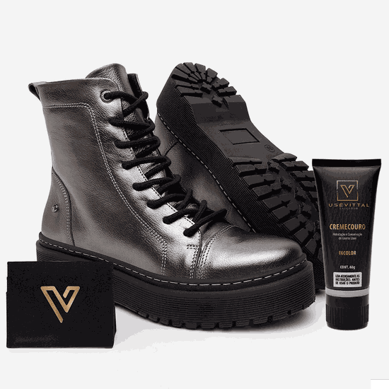 Bota Coturno Feminino Vittal Premium em Couro Prata Velho