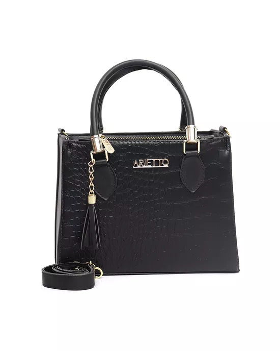 Bolsa Feminina Baú Média Croco Preta - Arietto