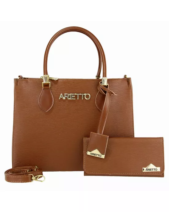 Kit Bolsa Baú Grande e Carteira Lisa - Caramelo - Arietto
