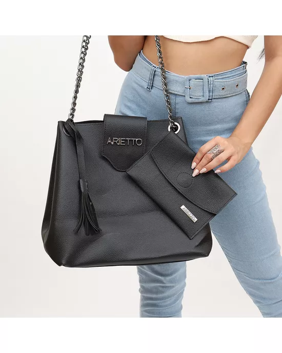 Bolsa Sacola Ana Lua Alça Corrente Preta - Arietto