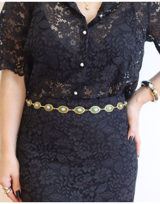 CINTO MELINA METÁLICO DOURADO E TURQUESA