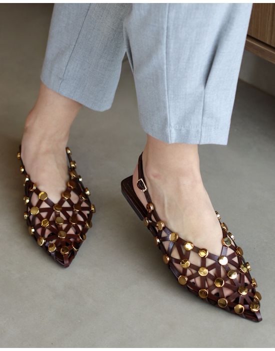 SLINGBACK OLÍVIA COURO MARROM E DOURADO
