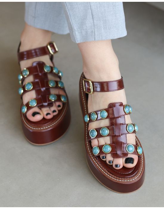 SANDÁLIA FLATFORM LARA COURO MARROM E TURQUESA
