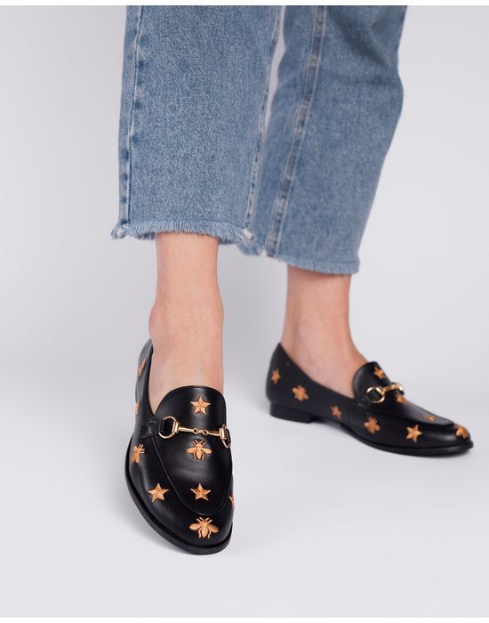 MOCASSIM TEODORA COURO PRETO ABELHAS BORDADAS