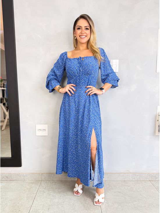 VESTIDO FLORAM MIDI AZUL - Le Fancy store