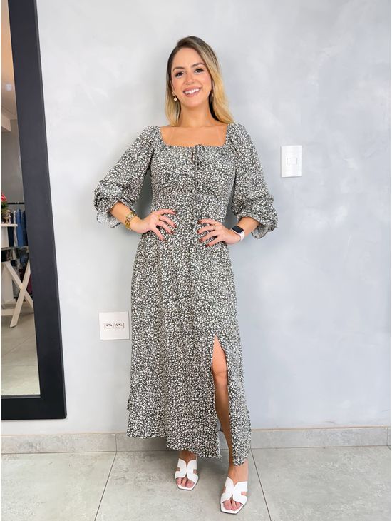 VESTIDO FLORAL MIDI VERDE - Le Fancy store