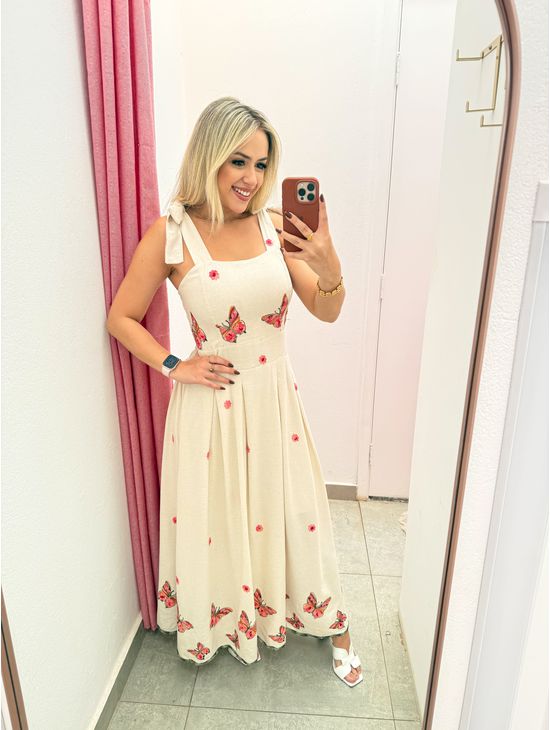 VESTIDO LINHO BORDADO BORBOLETA ROSA ALÇA - Le Fancy store