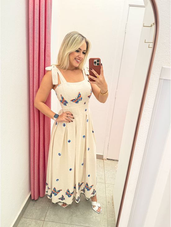 VESTIDO EM LINHO BORDADO BORBOLETA AZUL ALÇA - Le Fancy store