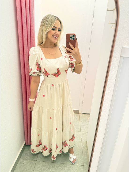 VESTIDO LINHO BORDADO BORBOLETA ROSA - Le Fancy store