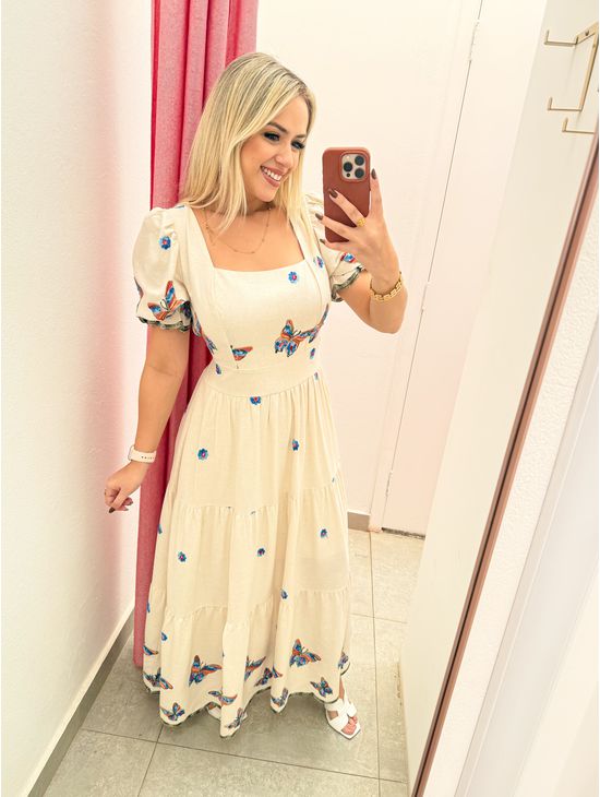 vestido linho bordado borboleta azul - Le Fancy store