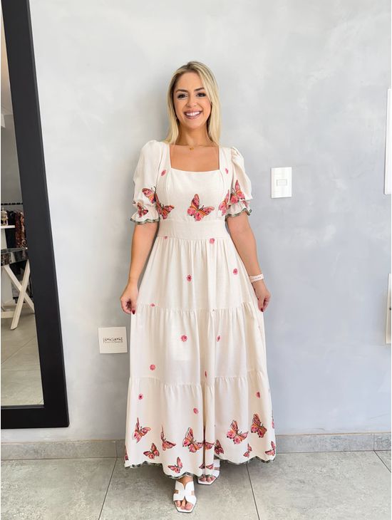 VESTIDO LINHO BORDADO BORBOLETA ROSA - Le Fancy store