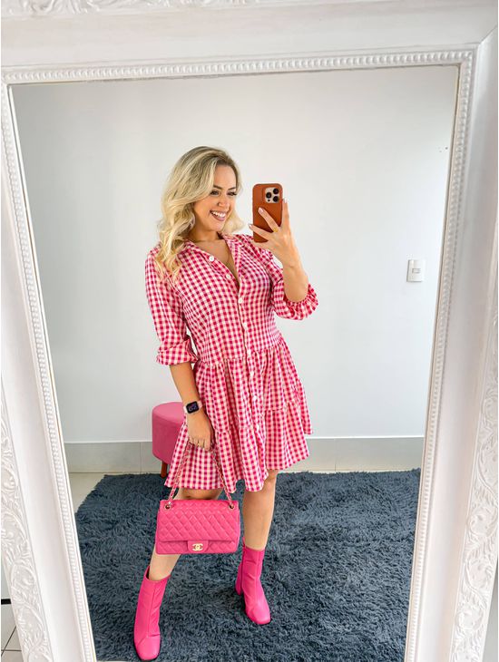 VESTIDO XADREZ ROSA E BRANCO - Le Fancy store