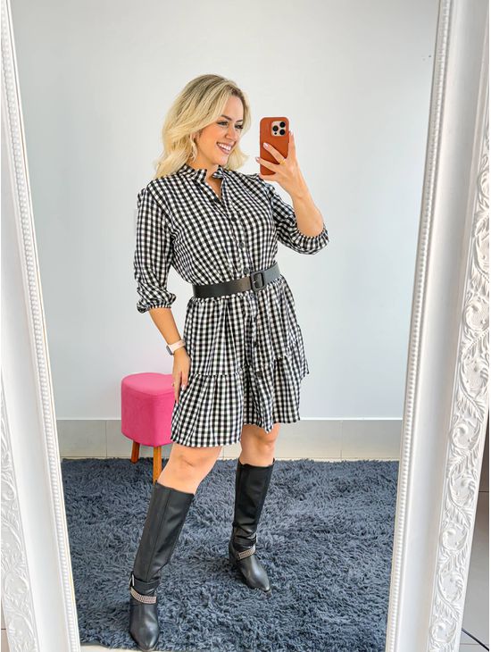 VESTIDO XADREZ PRETO E BRANCO - Le Fancy store