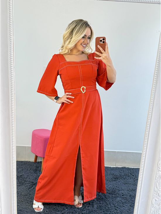 VESTIDO MARIELA PESPONTO LARANJA - Le Fancy store